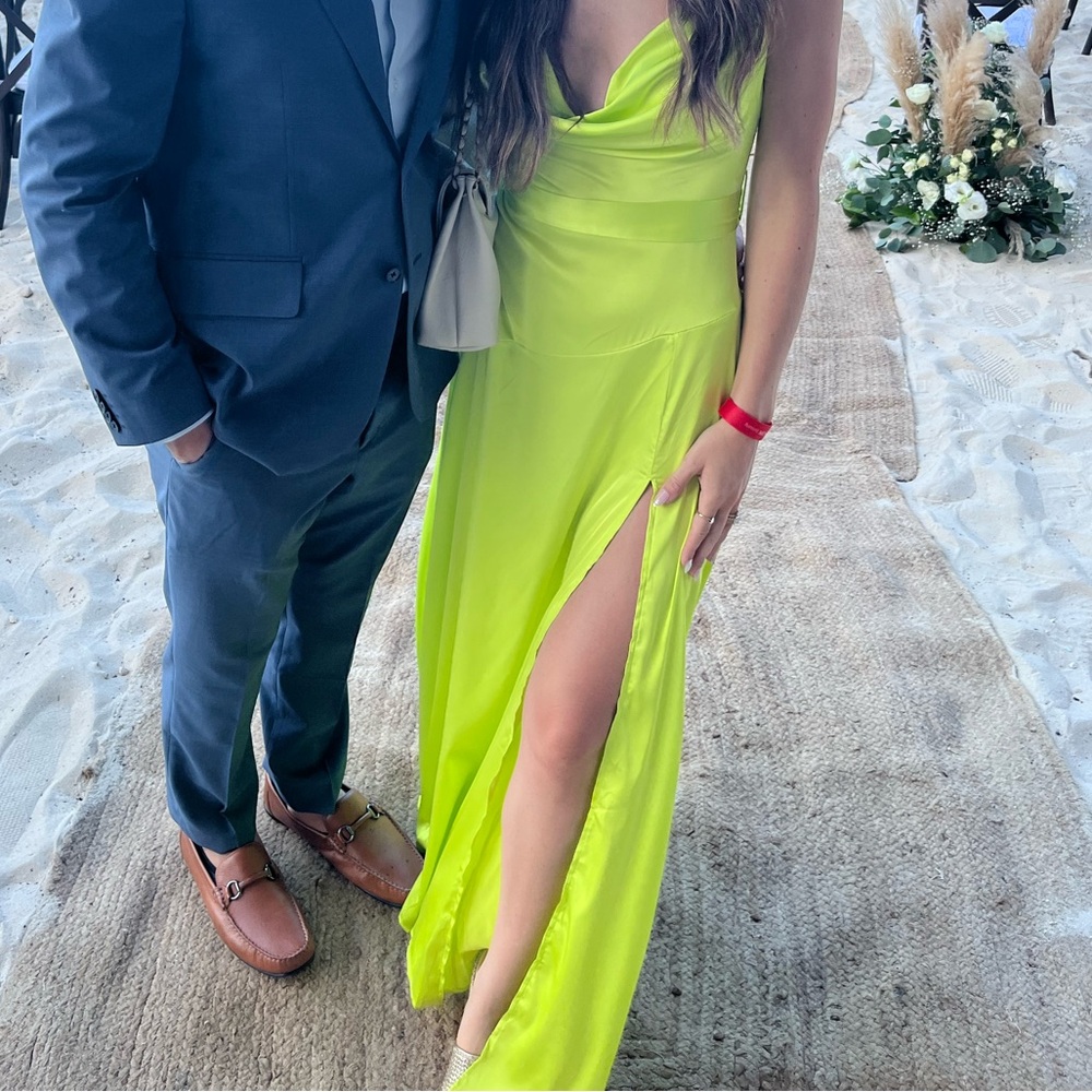 Fashion Nova Neon Yellow Satin Maxi Dress